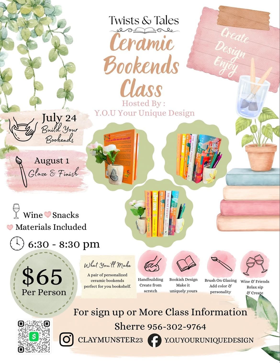 Ceramic Bookends Class flyer — bookends, brushes, and a potted plant
