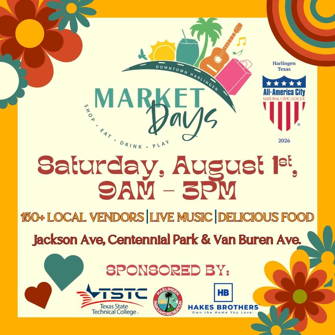 Harlingen Market Days flyer with retro flowers and event details for August 1