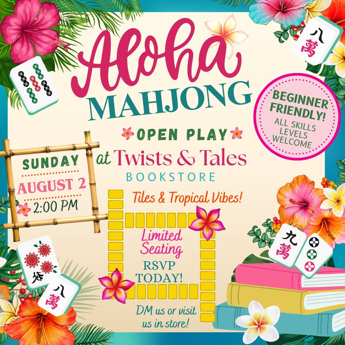 Aloha Mahjong flyer — mahjong tiles, hibiscus flowers, and a stack of books